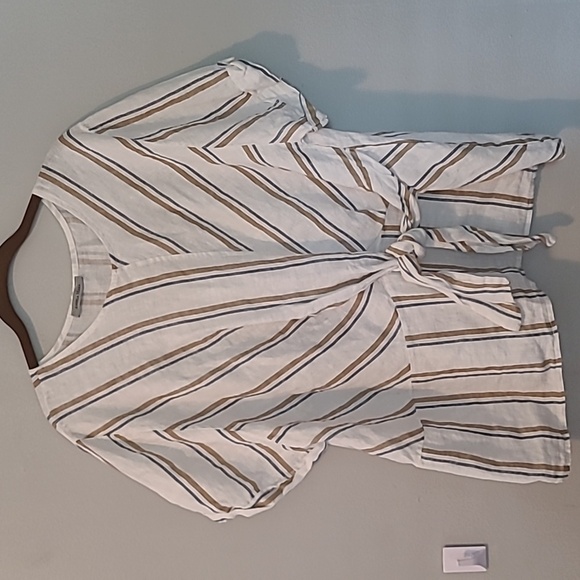 Angela Mara Linen White Tan Blue Striped Pull-on Wide Pants Popover Top Tie Sz L - Picture 4 of 16